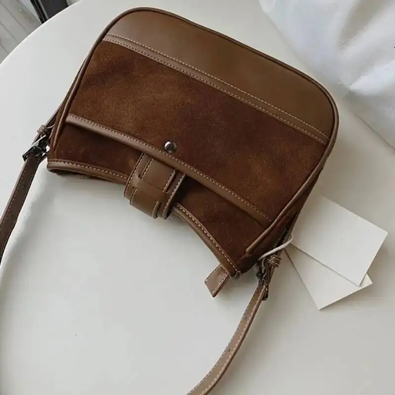 Bloom Vintage Brown Shoulder Bag Women New Autumn Patchwork Chic Leather Casual Crossbody Bags Female Retro Versatile Handbag