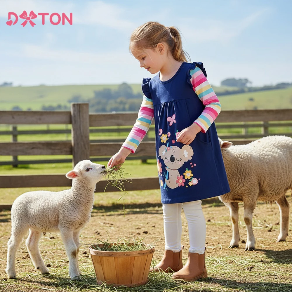 

DXTON Autumm Kids Girls Dresses Stripe Sleeve Patchwork Toddler Casual Dress Bear Flower Printed Children Dress Pocket Clothing