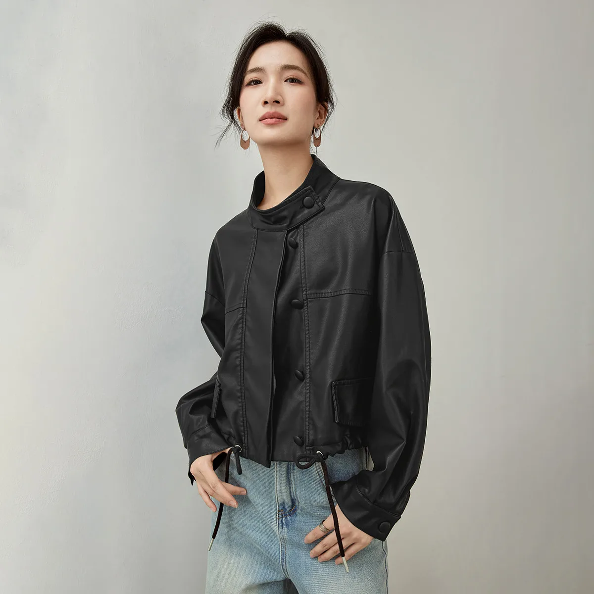 SENTUBILA Women's Stand Collar Leather Jacket 2026 Spring Loose Batwing Sleeve Top Short Coat Vintage Chic Clothing W61GA6454X