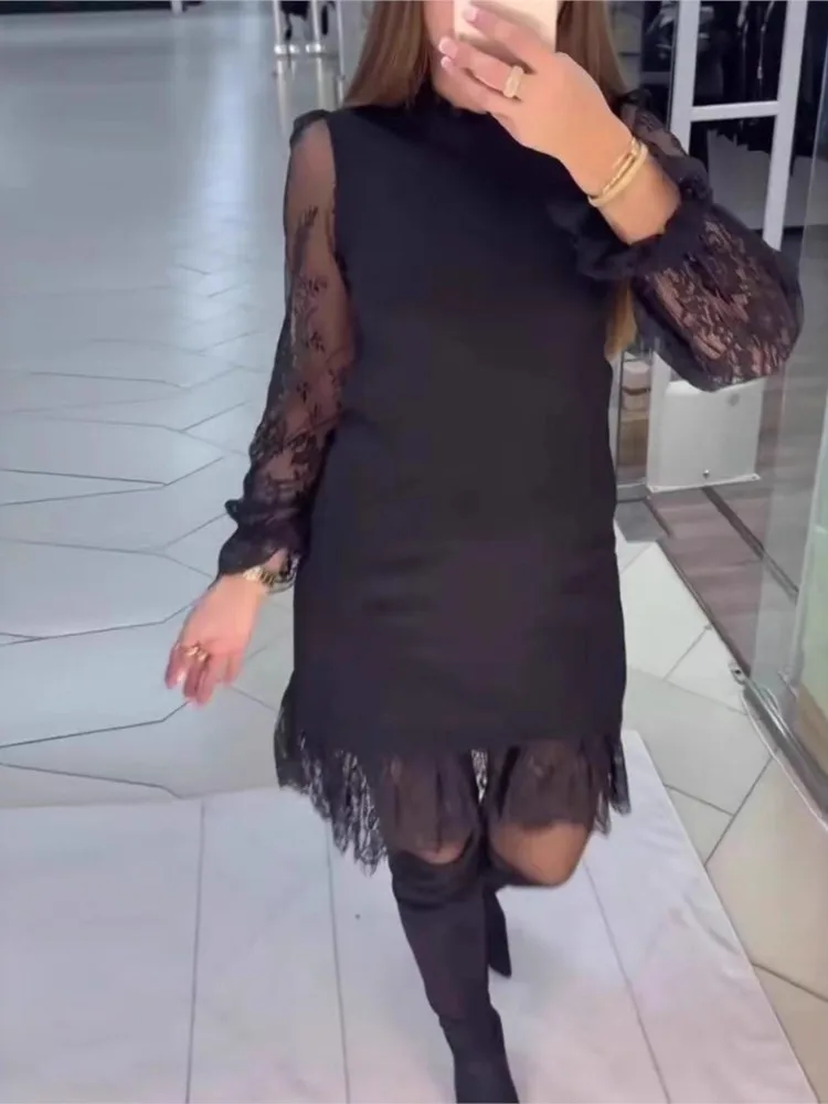 

New Spring Autumn Fashion Lace Long Sleeve Midi Dress Women's Elegant O Neck Holiday Party Casual Dresses For Women Robe Femme