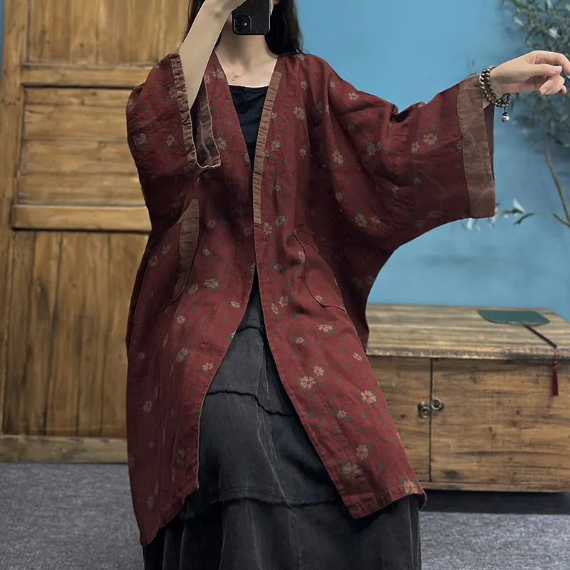 

High-End Linen Print Loose Version Trench Coat Women's Lightweight Kimono Casual No buckle Cardigan Long Jacket Outwear Spring