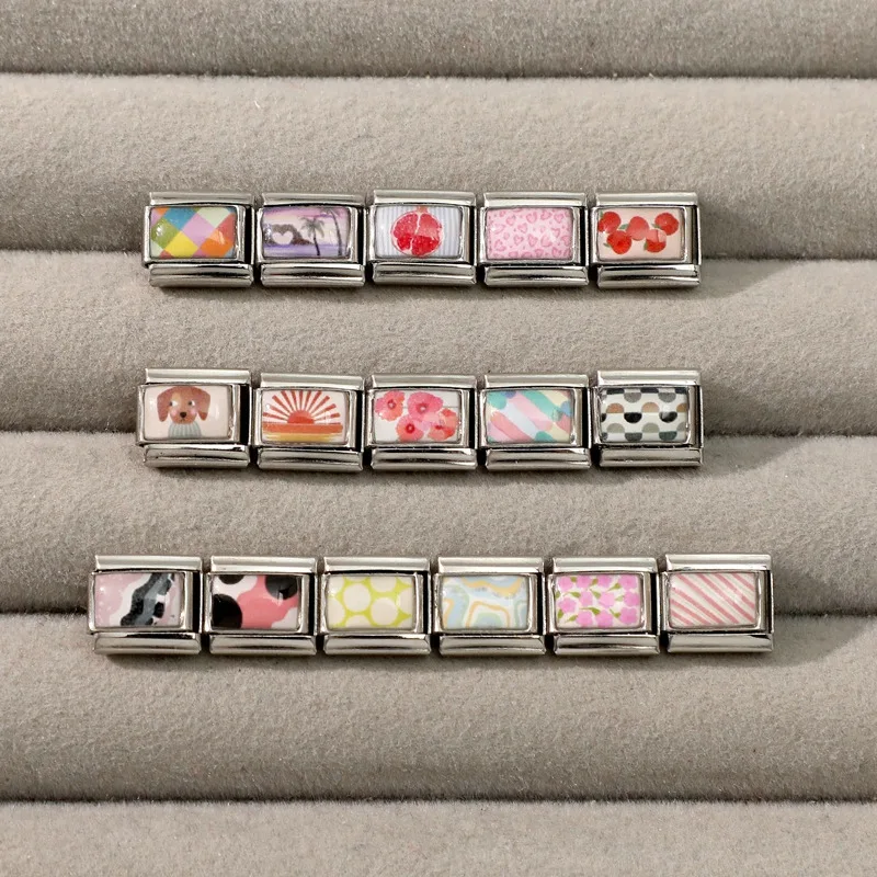 Sweet 핑크 Love Heart 귀여운 고양이 파란 눈 부적 링크 비즈, 9mm 스테인리스 스틸 이탈리아 부적 팔찌, DIY 만들기 선물