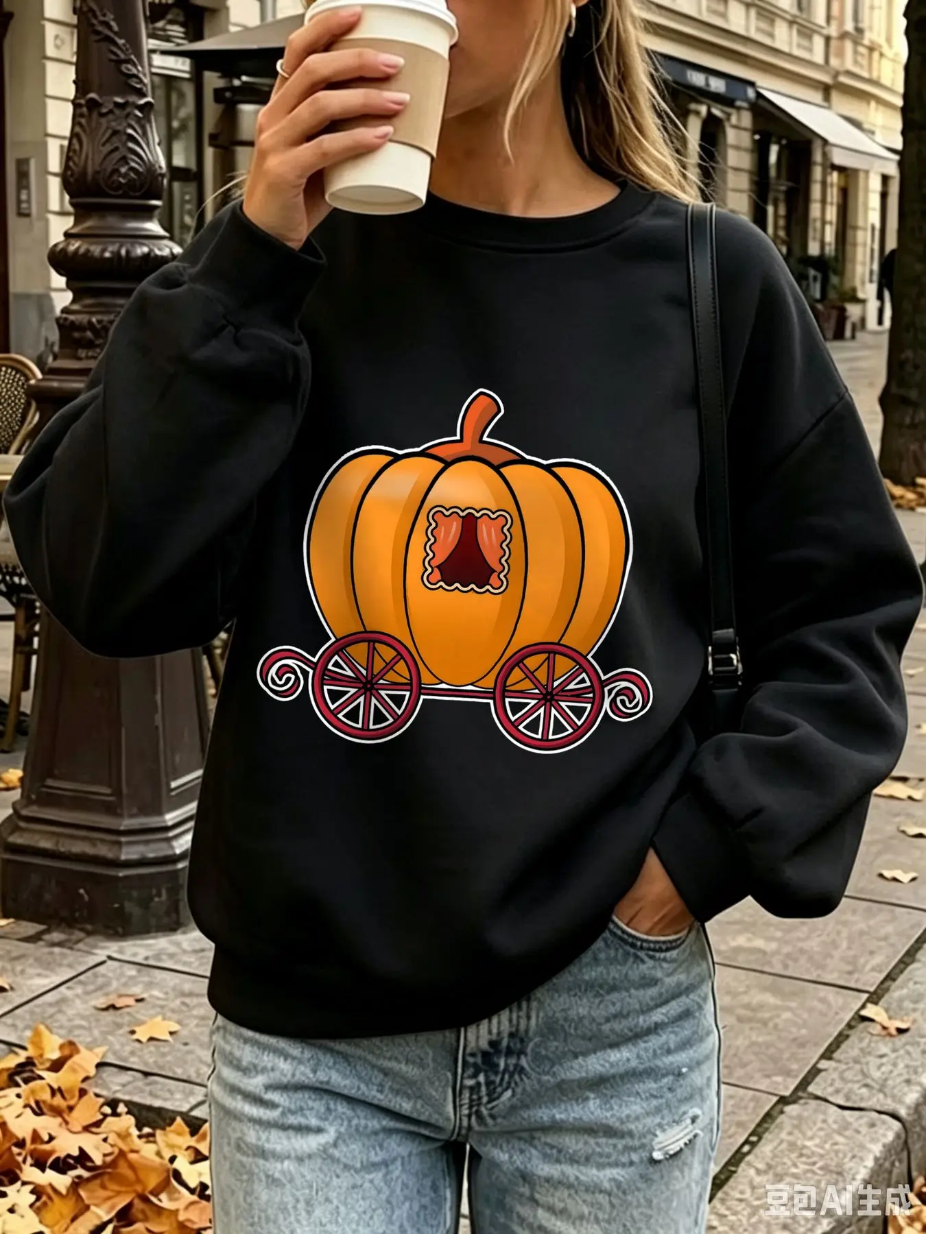 Women Cartoon Pumpkin Carriage Graphic Crewneck Sweatshirt Oversized Long Sleeve Fleece Pullover Fall Fairy Tale Pumpkin Print Halloween Casual Streetwear Tops