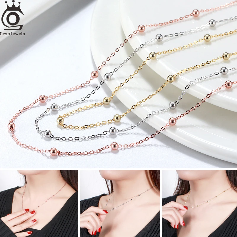 ORSA JEWELS Hot sale 925 Sterling Silver Fashion Jewelry 2mm Smooth Bead Chain Necklace For Women Men Choker Collar Gifts SC43