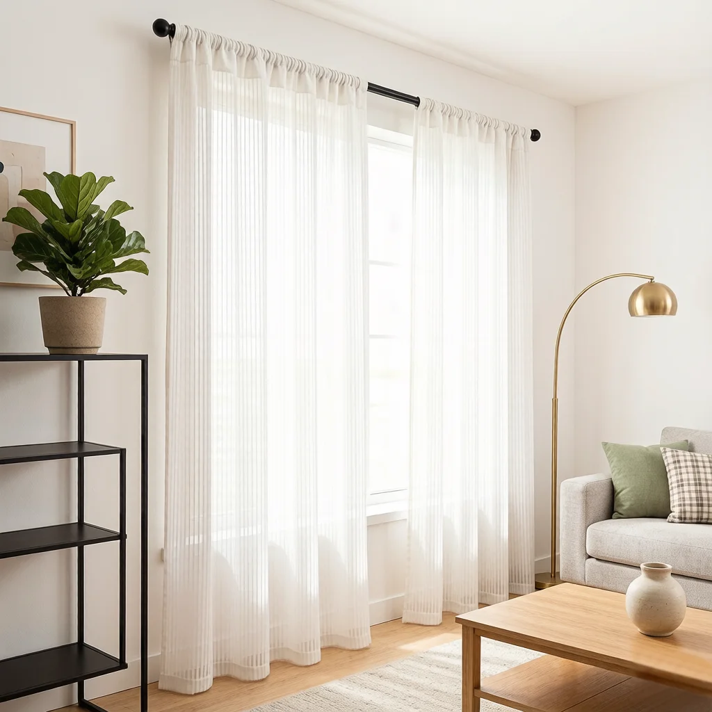 White Vertical Striped Sheer Curtains 2 Panels, Rod Pocket Voile, Light Filtering Window Drape for Bedroom Living Room