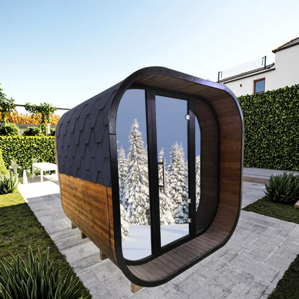 Stylish Black Cube Wooden Outdoor Sauna Modern Design Traditional Wet Steam Sauna Suitable For 4-8 Persons With 6kw Sauna Heater