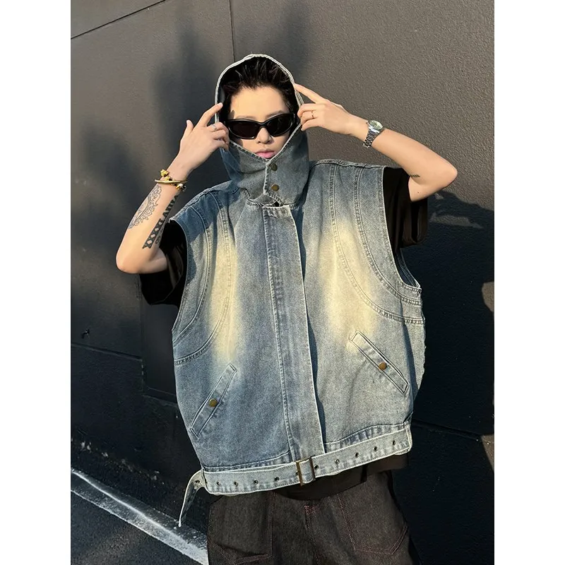 

Джинсовый жилет с талией в стиле ретро, мужская американская лоскутная рабочая одежда с капюшоном, деконструированная верхняя одежда, летняя модная одежда