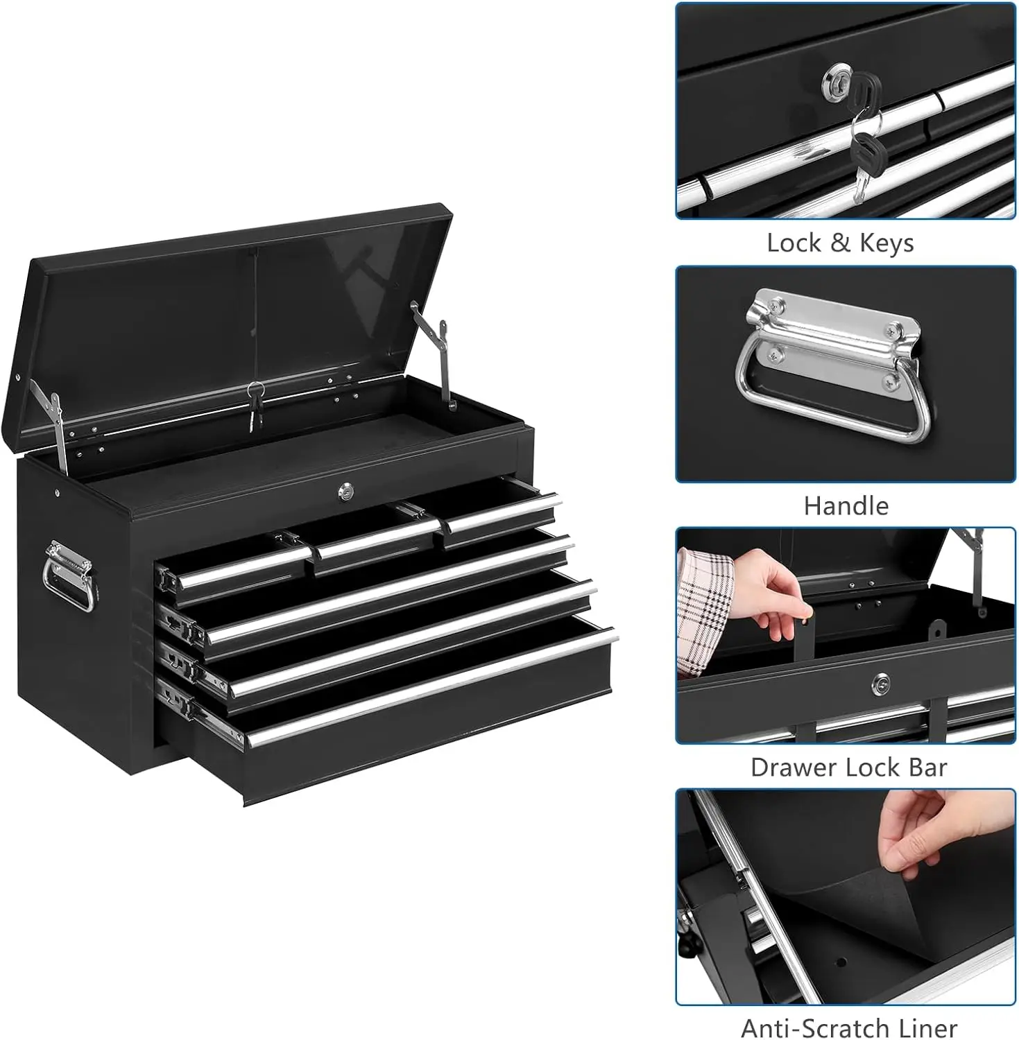 Rolling Tool Chest w/Lock & Key, Tool Storage Cabinet w/Wheels, Detachable Top, Drawers & Drawer Liners,