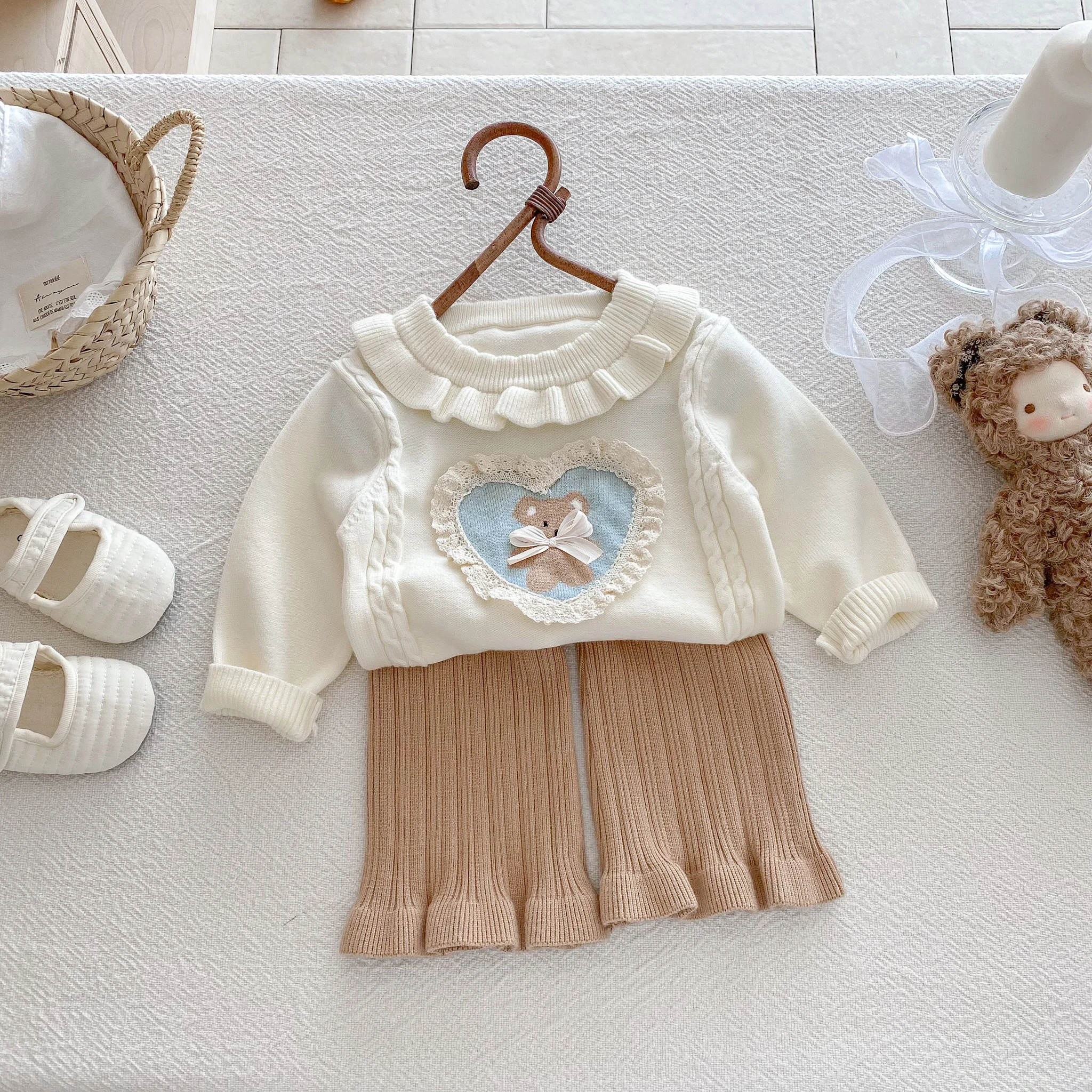 Spring baby Girl Sweater Set, Lace Collar Heart-Shaped Bear Top + Striped Knitted Flared Pants Set, Princess