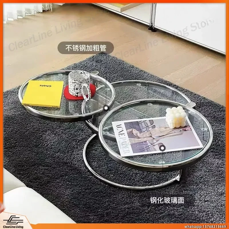

Stainless Steel Glass Coffee Table Round Rotating Multi Layer Tempered Glass Nordic Minimalist Living Room Center Table