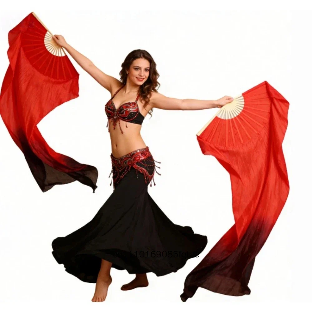 Women Kids Green Silk Belly Dance Fan Veil Foldable Flowy Lightweight Bamboo Frame 150 180cm Stage Party Performance Dance Prop