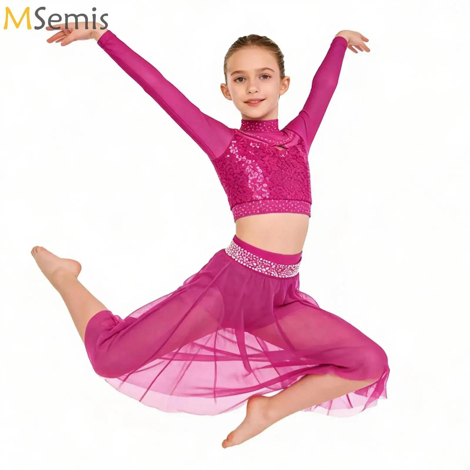 

Kids Girls Shiny Sequins Lyrical Latin Dance Outfit Sheer Mesh Crop Top with Irregular Skirt Contemporary Performance Dancewear