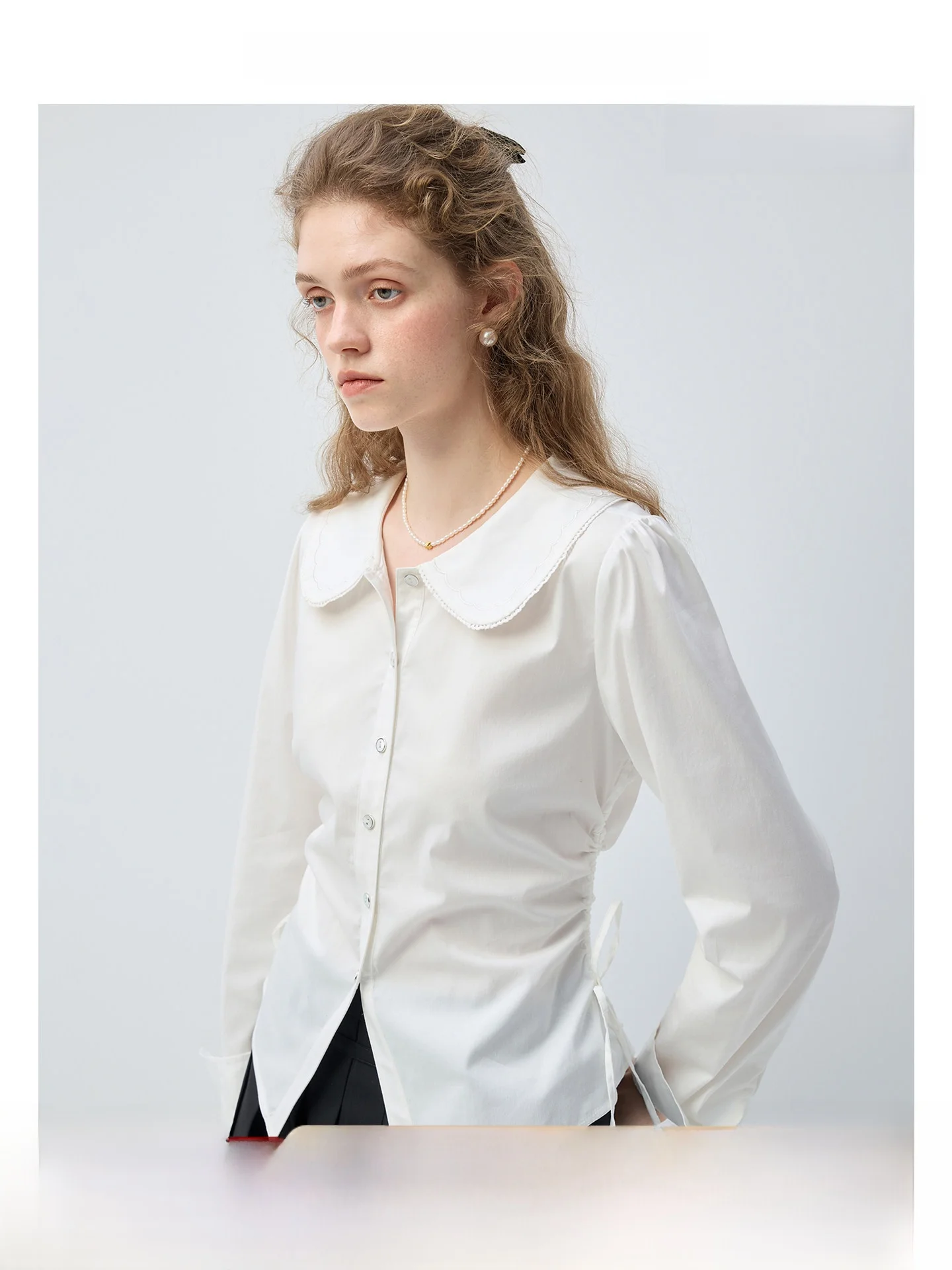 

VEGA CHANG Women's Slim Fit irt with Dstring Waist And Lace Collar 2026 New Sle Versatile Breathable Long Sve irt