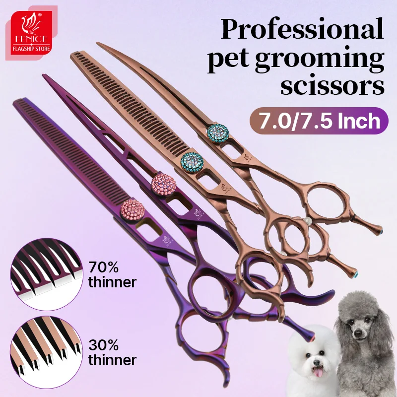 Fenice Dogs Beauty Scissors 7/7.5 Inch Dog Grooming Scissors Kits with Hollow Out Design Straight Thinner Curved Chunker JP440C