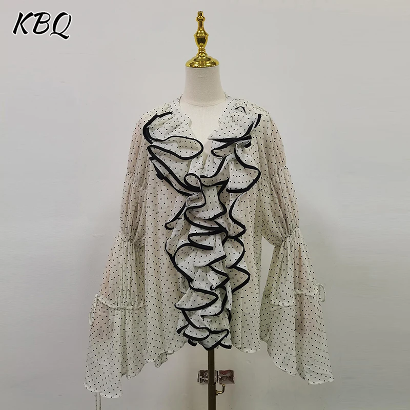 

KBQ Spliced Ruffles Casua Loose Blouse for Women Round Neck Long Sleeve Loose Design Sense Chic Shirt Female Fashion Style New