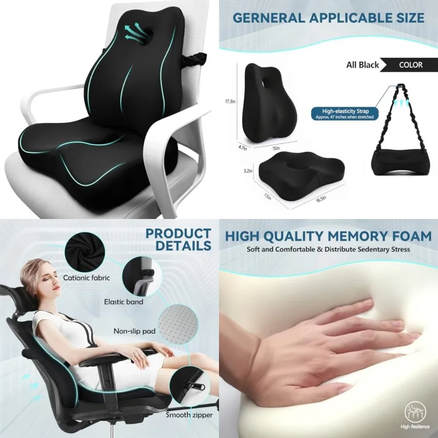 

Seat Cushion and Lumbar Support Pillow for Office Chair, Memory Foam Chair Cushions for Tailbone Pain, Non-Slip Back Support fo