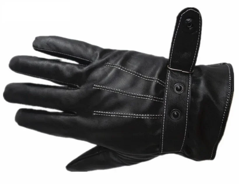 Outdoor Sports Full Finger Gloves Men Winter Leather Black Button Warm Mittens Luxurious Driving Genuine