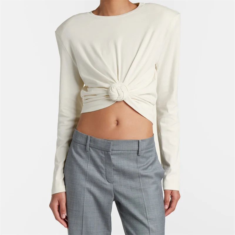 Women's t-shirt 2026 Autumn New Stretch Knitted Women's Long Sleeve Top Shoulder pads, slim fit women's corset cotton pullover