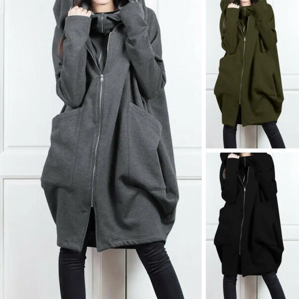 Women Hooded Long Sleeve Sweatshirt Coat Zipper Placket Big Pockets Fake Two Pieces Mid-length Hoodie Jacket Winter Oversized