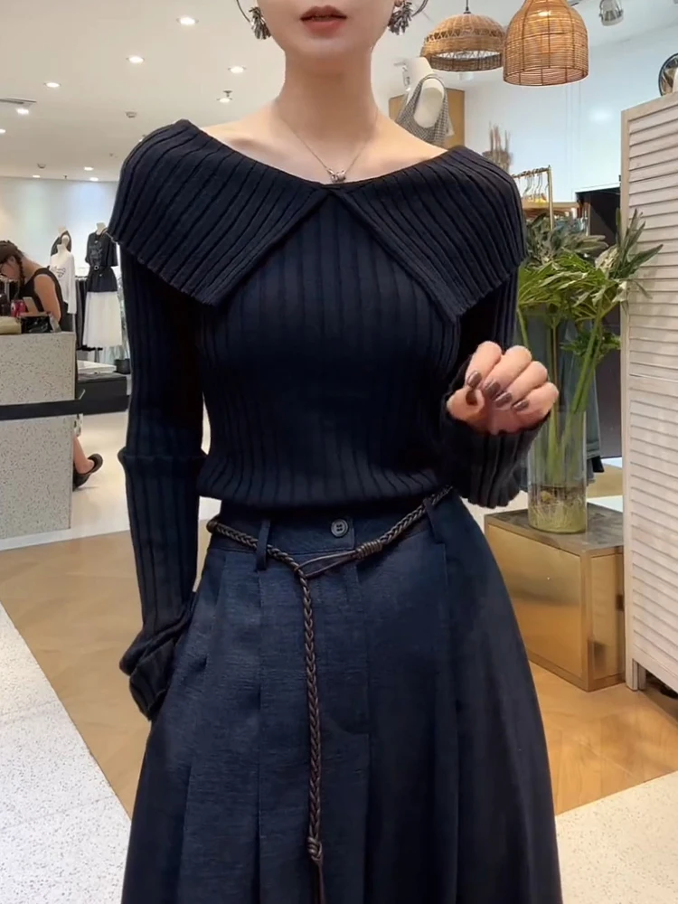 Casual Style Long Sleeve Knitted Top Women plus Size Shoulder Bared Turn-down Collar Slimming Shirt for Early Autumn