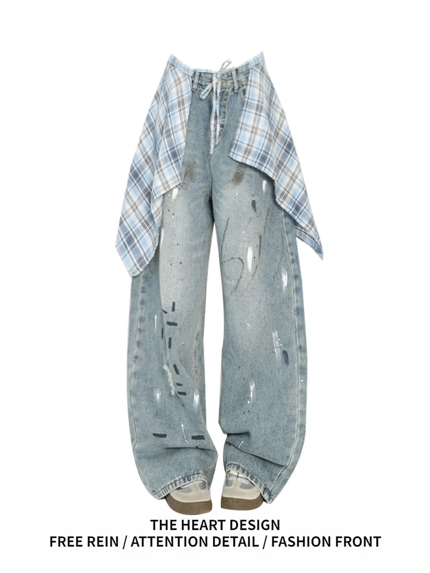 

American Sle Plaid Skirt Casual Loose Wide Leg Jeans High Waist Blue Denim Fabric Wear Resistant Summer Fitn Pants