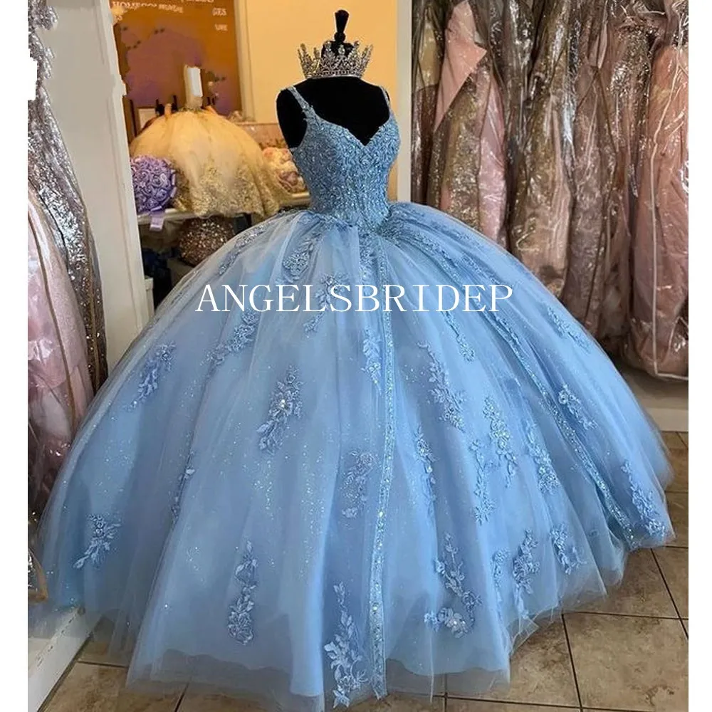 ANGELSBRIDEP Glittering Blue Quinceanera Dresses Vestidos De 15 Años Luxury Beading Lace Appliques Birthday Party Ball Gowns