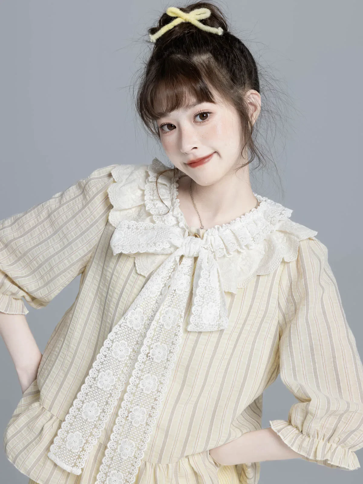 Japanese Sweet Preppy Style Lace-up Bow Doll Collar Flare Sleeve Blouse Loose Casual Ruffles Striped Shirt Top For Women Autumn