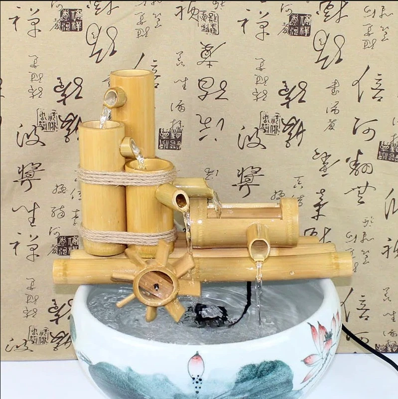 Bamboo Water Filter Figurine for Fish Tank Landscape with Humidifying Water Wheel