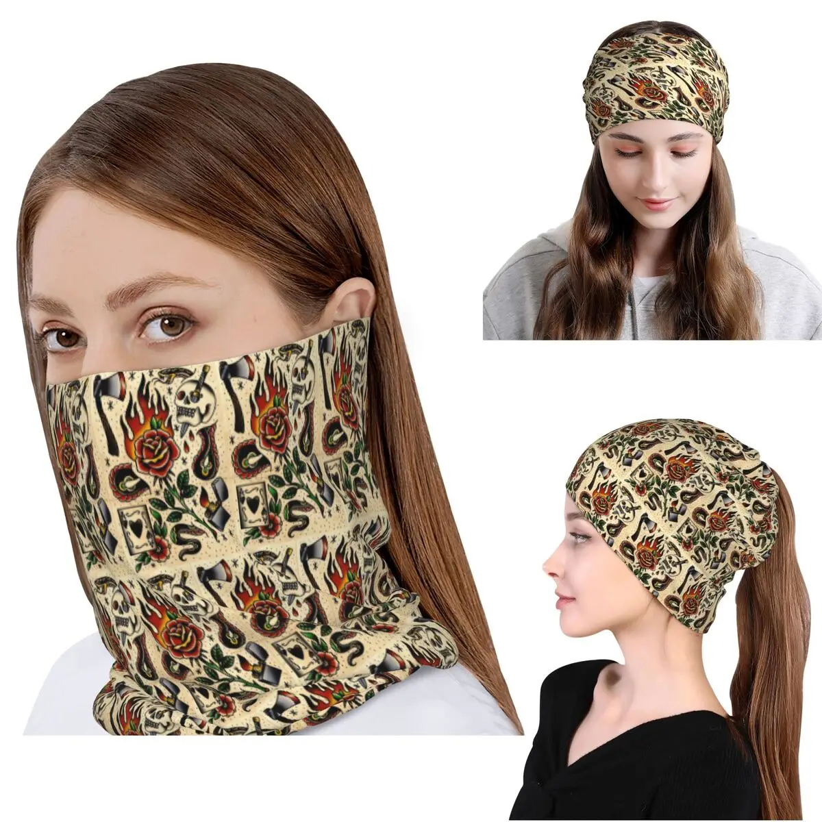 American Traditional Flash Pattern Tattoo Bandana Neck Cover Mask Scarf Multi-use Headwear Beanies Hat Unisex Adult Windproof