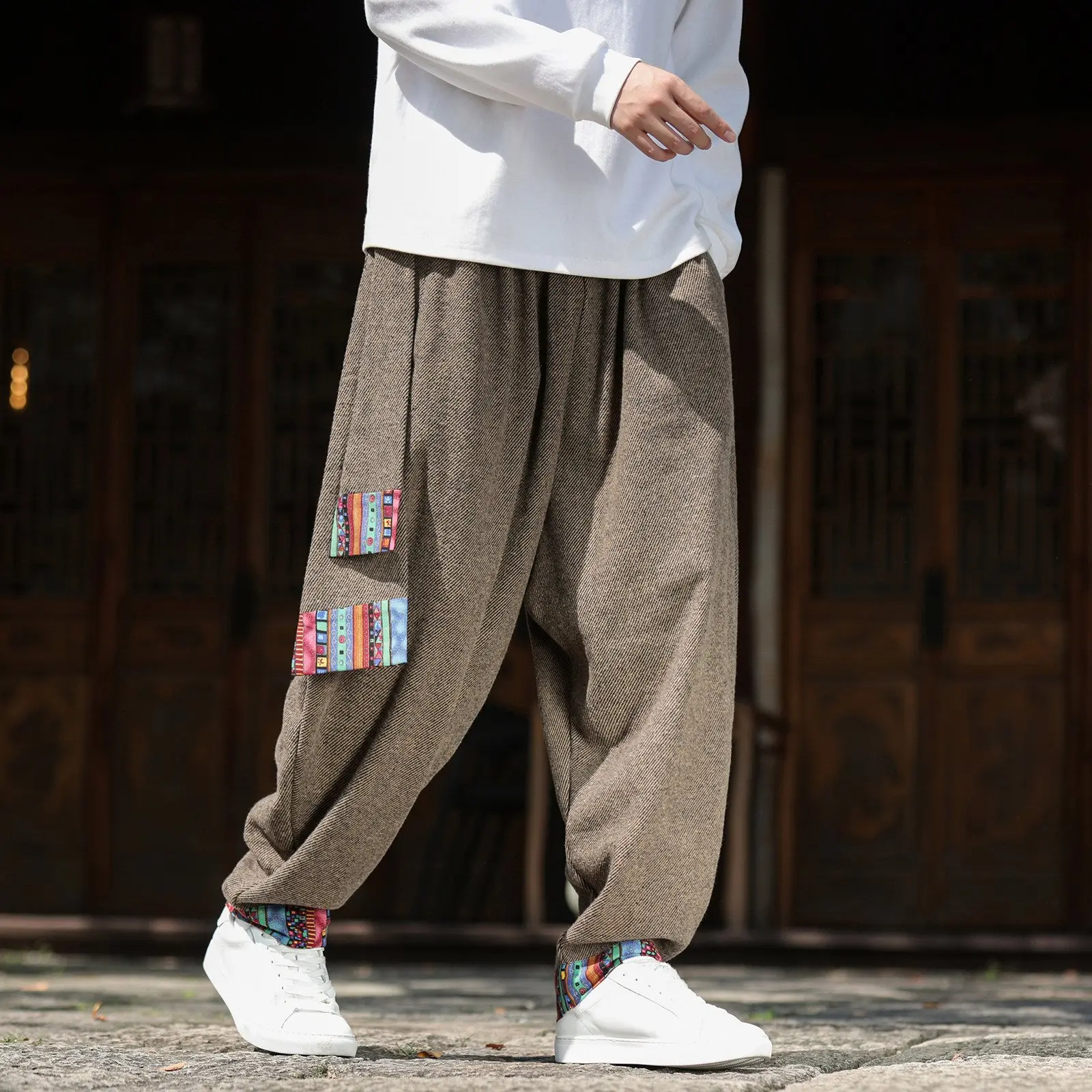 

Мужские свободные брюки для танцев с широкими штанинами, из шерстяной смеси, с цветочным декором, теплые повседневные брюки прямого кроя, со средней/высокой талией, весенние, молодежные