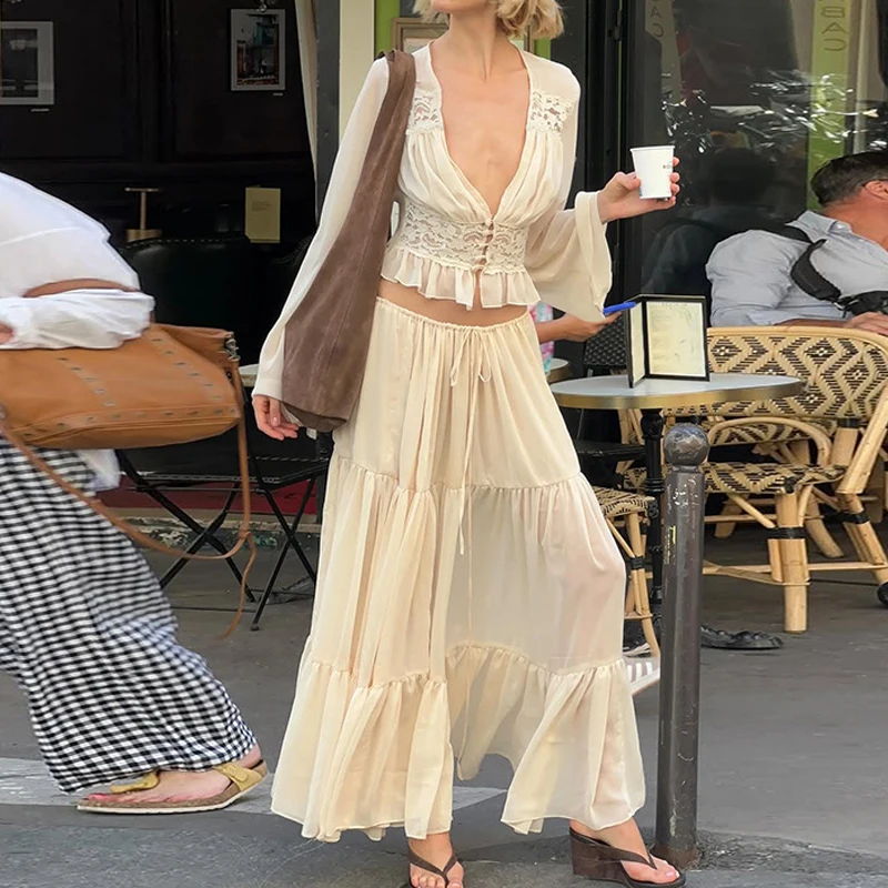 Fashion Solid Long Sleeved Tied Suit Elegant Lace Cardigan+Skirt 2pc Set Sexy Deep V-Neck See Through Loose Beach Holiday Outfit