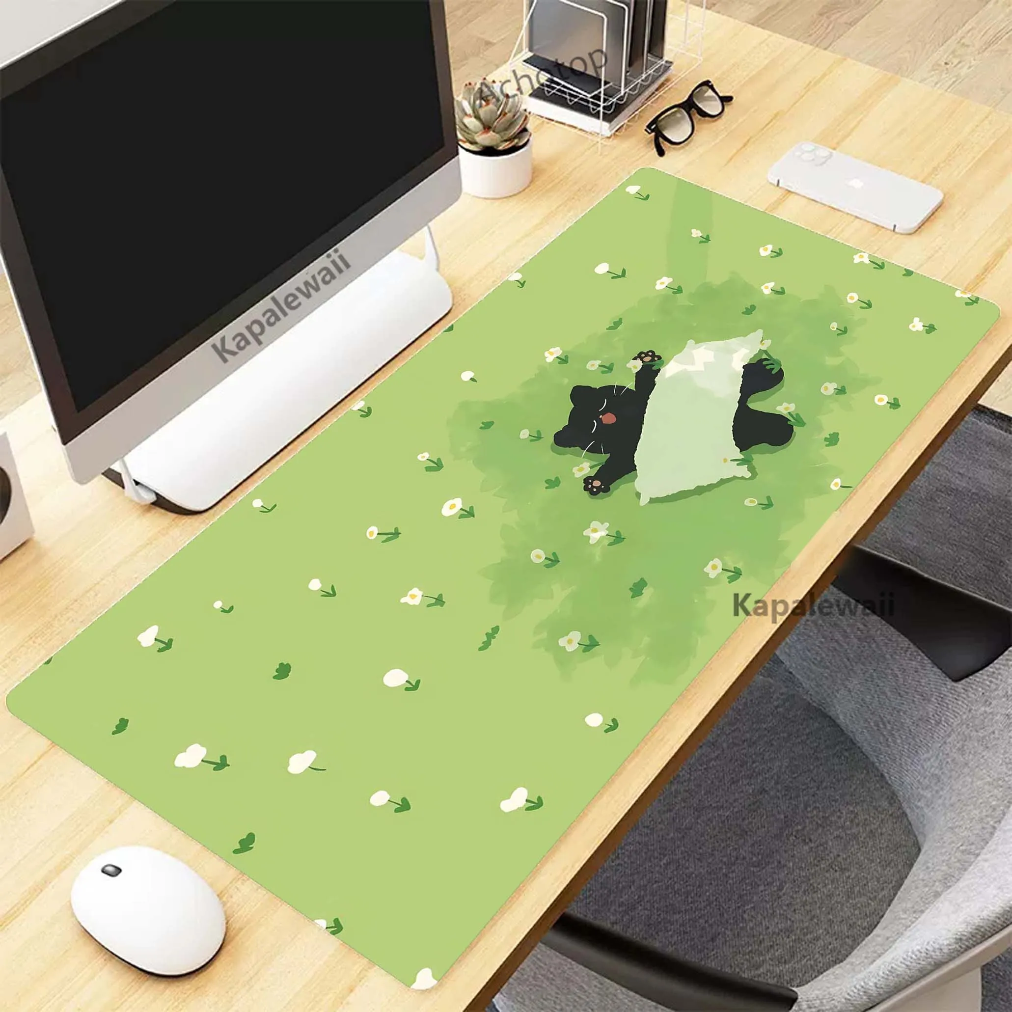 

Kawaii Cute Cat Green Pink Gaming Mousepad Pc 90x40cm XXL Mouse Pad Mousemat Non-slip Rubber Pads Big Desk Mat Keyboard Pads