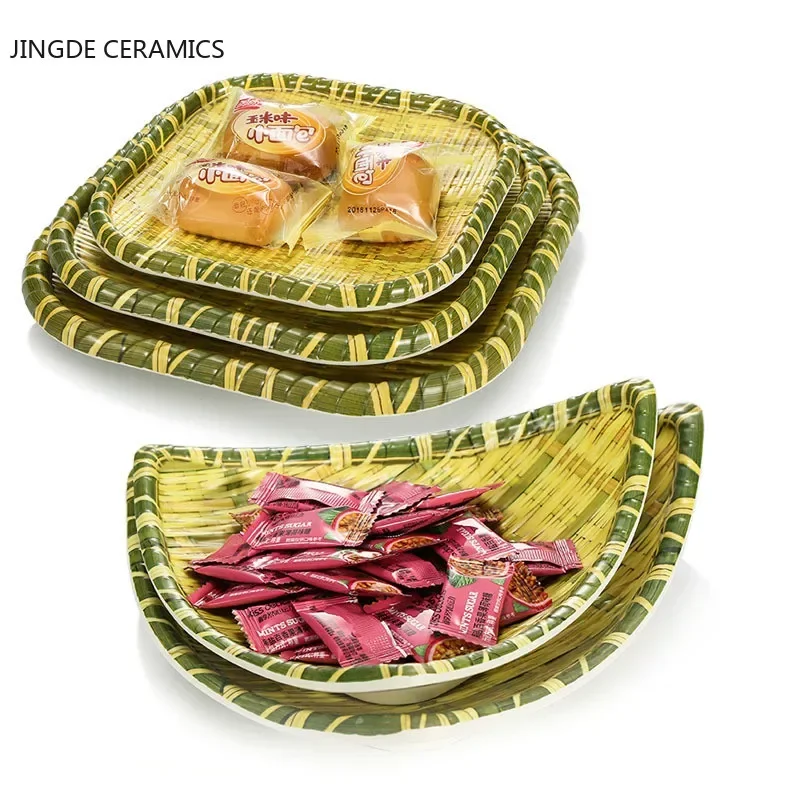 Creative bamboo weaving dustpan plate thick special-shaped rattan handmade straw designer model house fruit snack plate bowl