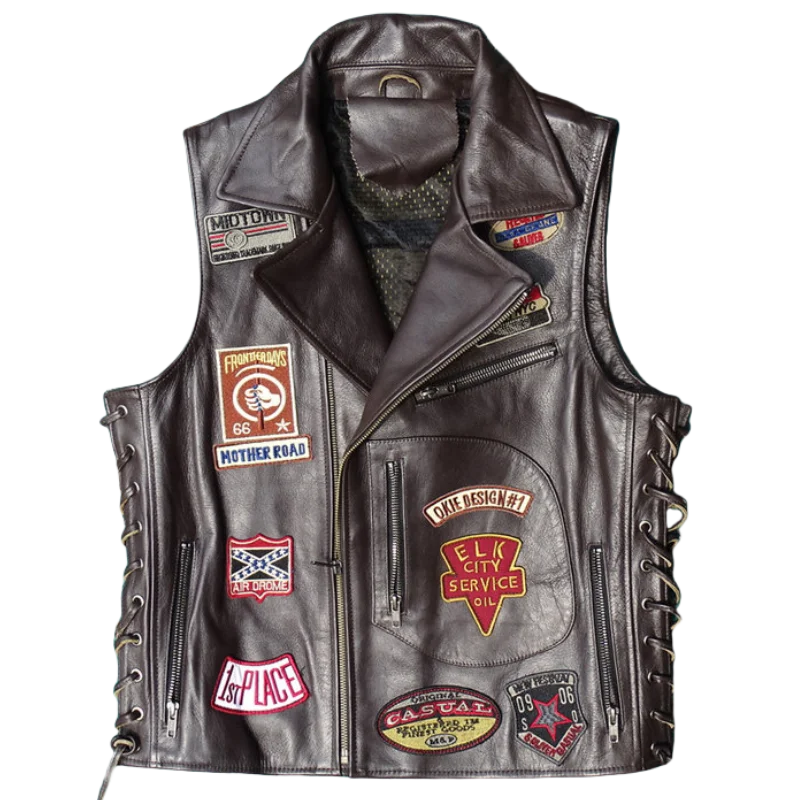 Classic Brown Embroidered Multi-label Strapped Biker Vest Genuine Top-Grade Imported Cowhide Leather vest Unisex