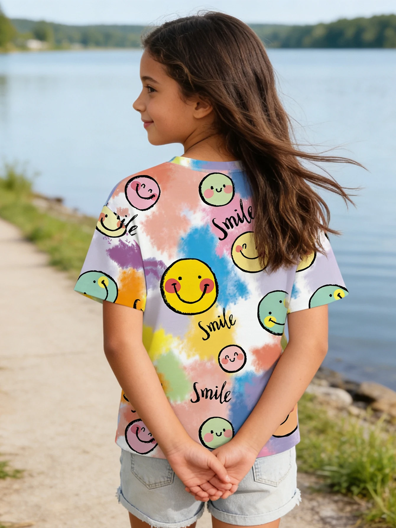 2026 Girls Color Tie-Dye Smile Letter Multi-Color Smiley Full Print Short Sleeve T-Shirt