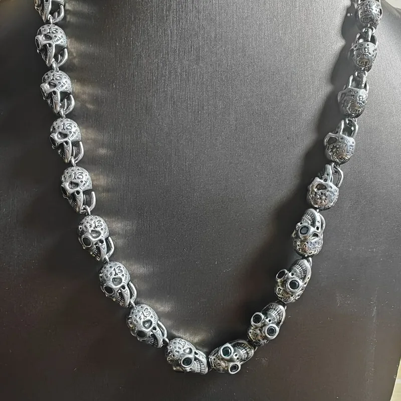 Retro All Skull Chain Necklace Antique Tone Carved Skeleton Rhinestone Detail Rock Punk Unisex Daily Neck Accessory
