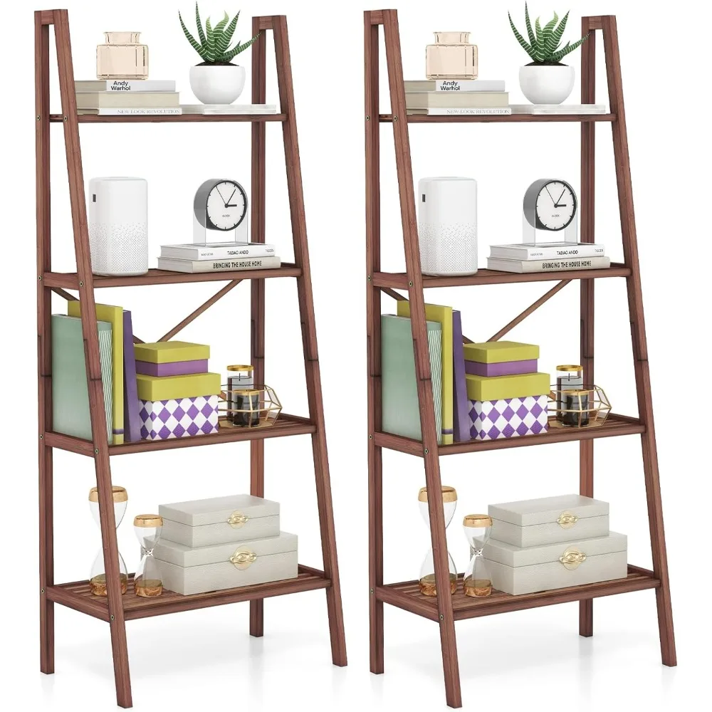 

4-Tier Bamboo Bookshelf Set of 2, Corner Bamboo Ladder Shelf for Small Space, Living Room Kitchen Bedroom Office, Walnut