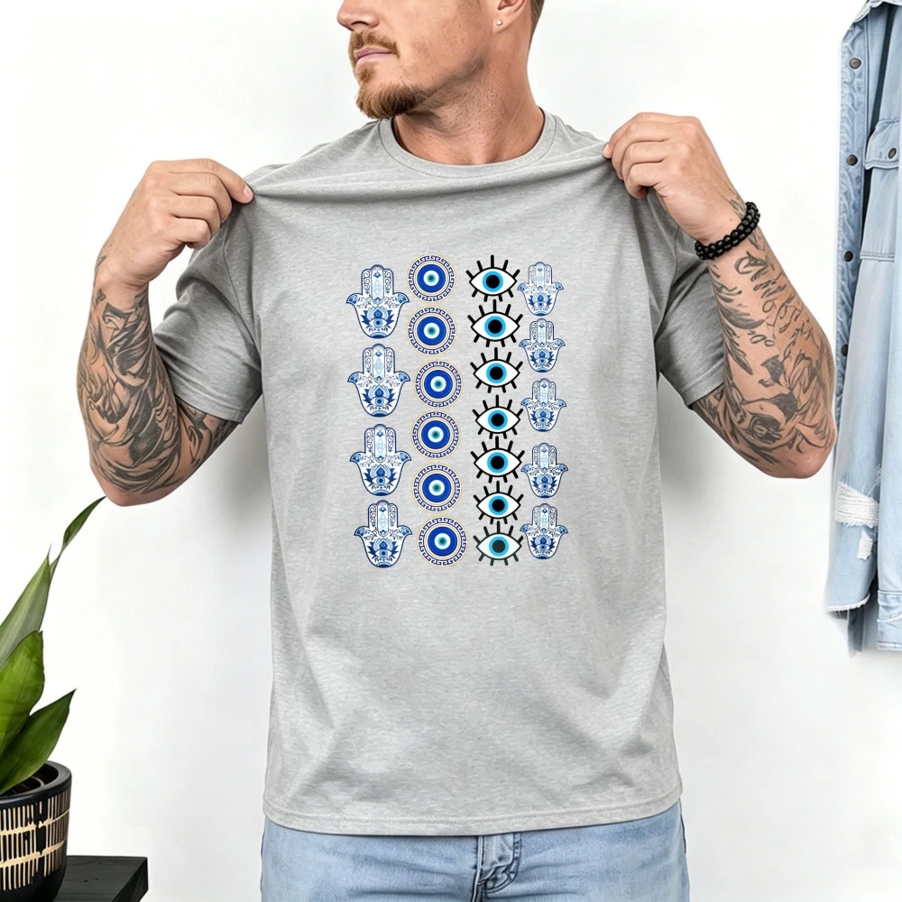 Funny Hamsa Evil Eye Column Graphic Tee Blue Spiritual Protection Collection Unisex Casual Top Turkish Amulet Cotton Tees