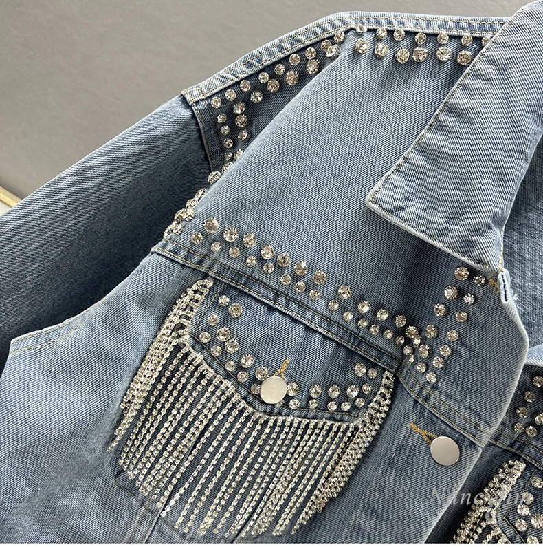 

Heavy Industry Tassel Diamond-Embedded Denim Coat for Women 2024 New Spring Clothes Loose Slimming Long Sleeves Jean Jacket