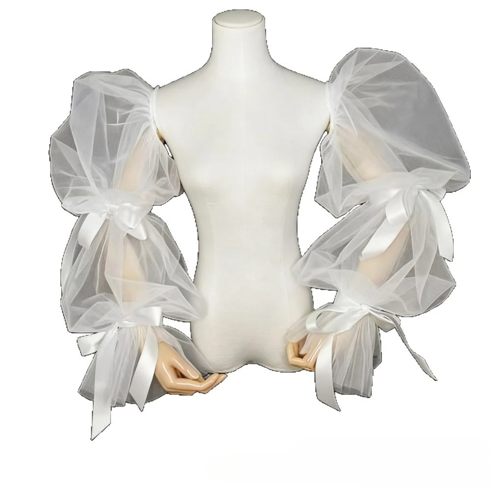 Märchenhaftes Brautkleid aus weißem Tüll mit Schleifenärmeln, flauschigen dekorativen Ärmeln für Brautkleid, Accessoires im französischen Hofstil