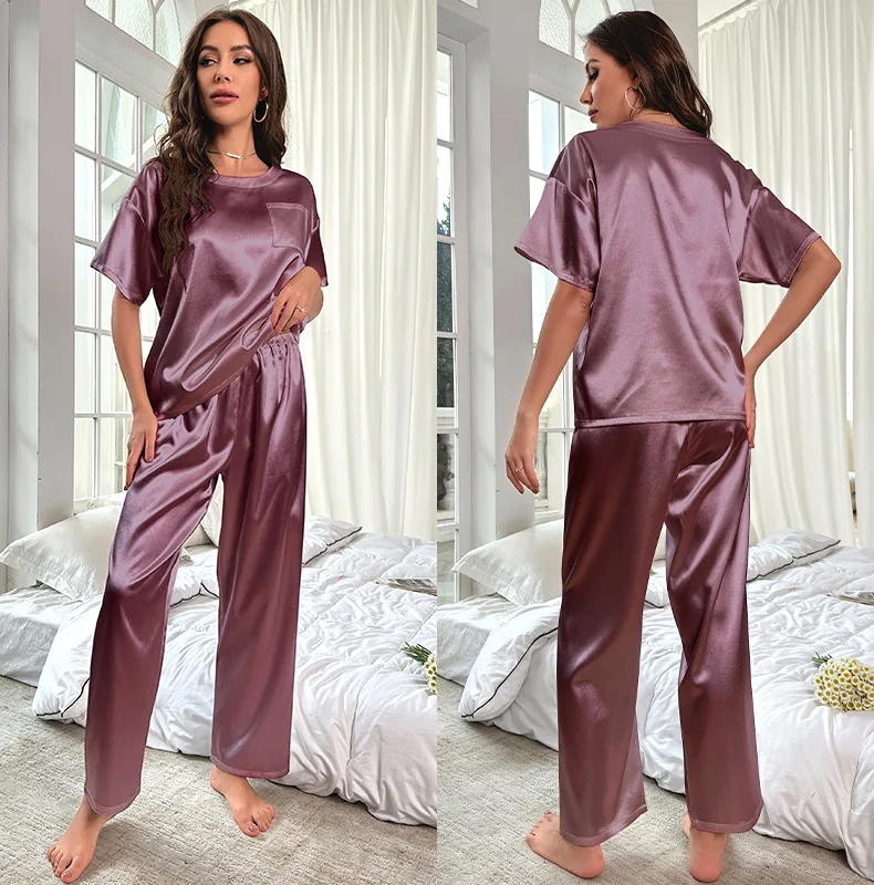 Women's Satin Pajamas Set Autumn Short-sleeved Top Trousers Pajamas 2-piece Suit For Women Casual