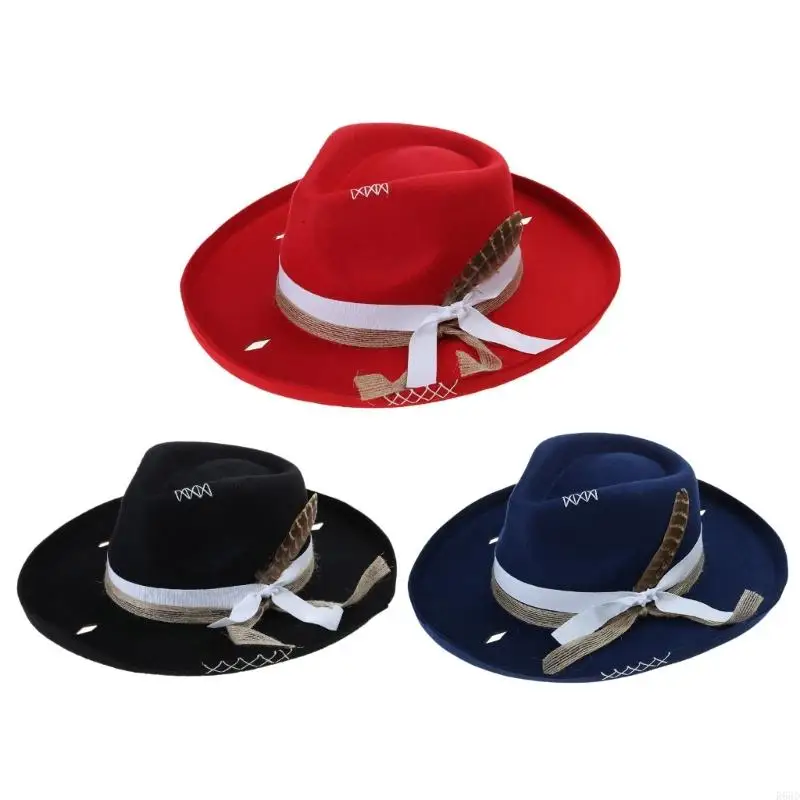 R66D Vintage Woven Belt Hat Cosplay Costume All Matching Panama Hat Stage Performers Dancing Hat Adult Winter Warm Wool Hat