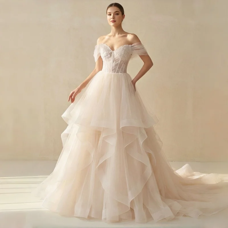 Champagne Organza Ball-Gown Off-The-Shoulder Wedding Dress Tiered Tulle Skirt With Lace Corset Evening Gowns Customizable