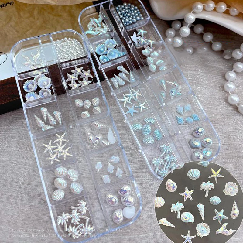 

12 Grids/Box Shell Starfish Mermaid Tail 3D Blue White Nail Charm Nail Art Accessories For A Dreamy And Oceanic Manicure Look