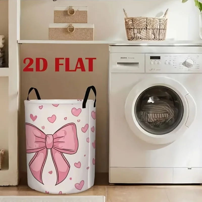 Washing Basket, with Pink Bow And Heart Pattern Decorative Multifunctional Folding Laundry Basket Laundry Baskets - view 3