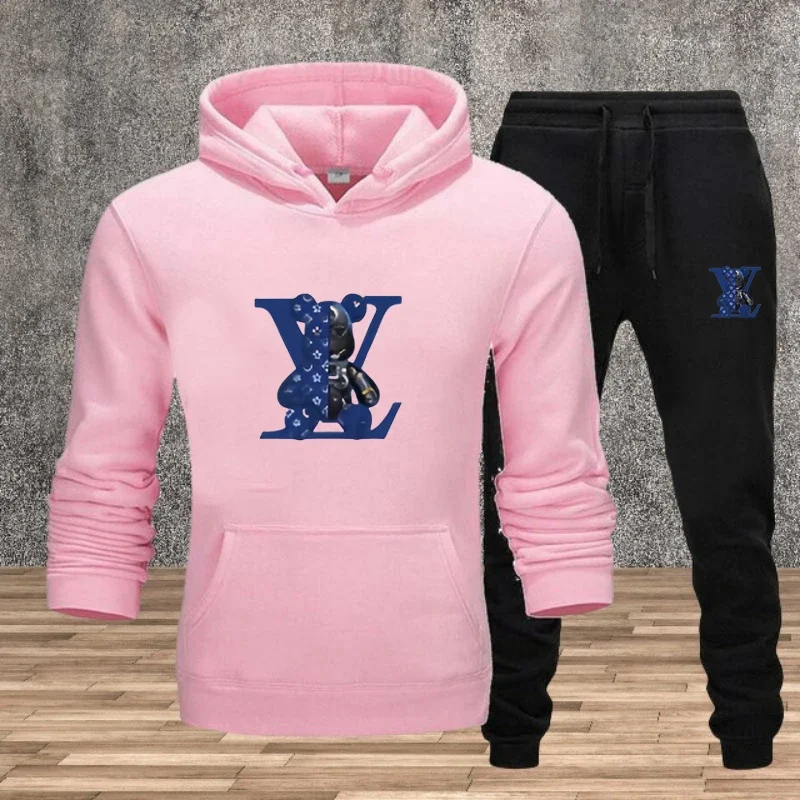 مجموعة الخريف الرجالية للركض واللياقة البدنية في الشوارع في الهواء الطلق، سويت شيرت كاجوال بقلنسوة وسراويل رياضية للراحة اليومية مكونة من قطعتين #6