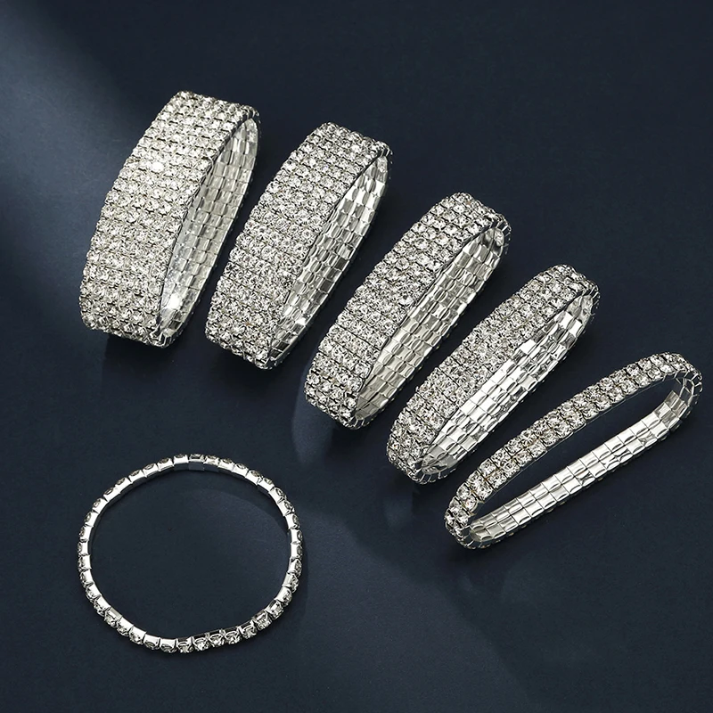Classic Multiple Shining Rhinestone Crystal Stretch For Women Girls Bridal Wedding Wristband Elastic Bracelet Gold Silver Color