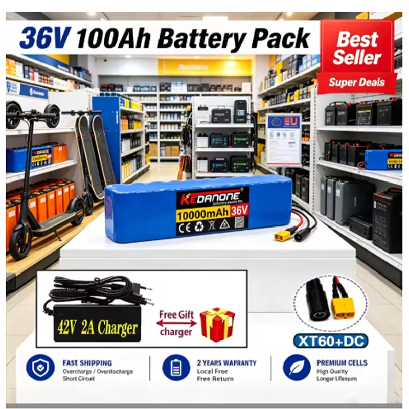 Neuer 36V Akku 100Ah 18650 Lithium-Akkupack 10S3P 1000W Xt60+DC 42V Elektrischer S-Cooter M365 E-Bike Power-Akku mit BMS