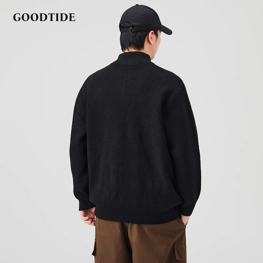 Winter Fashion Men's Casual Half - Zip Turtleneck Sweater Black Waffle Knit Pullover Comfortable Soft Long Sleeve Jumper Top