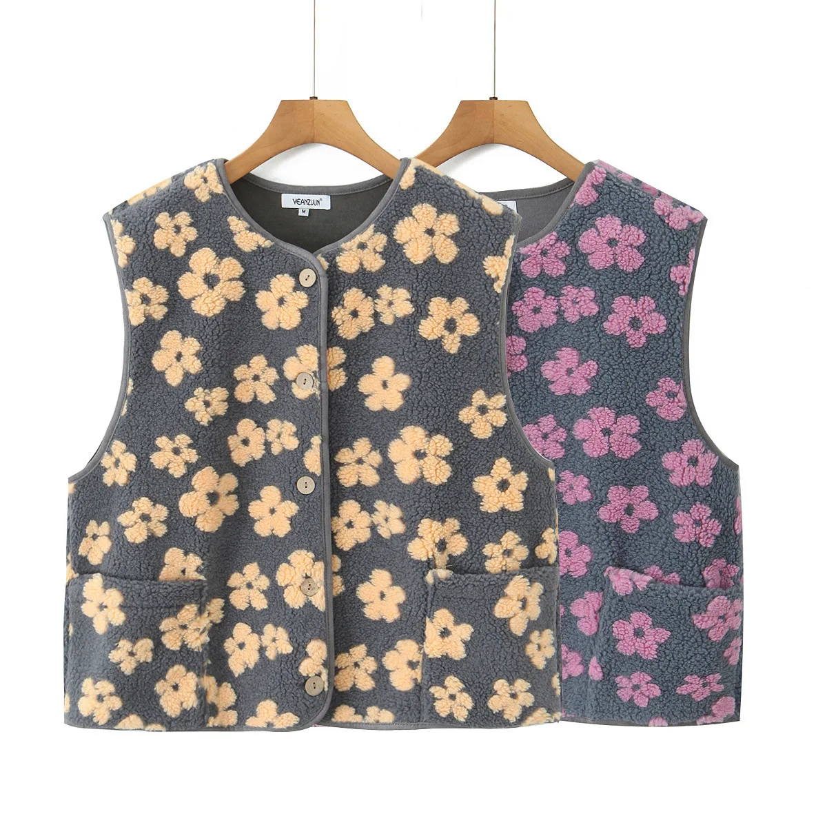 Floral Print Polar Fleece Frauen Weste Frauen Casual V-ausschnitt Tasche Einreiher Ärmellose Mantel 2025, Herbst Neue Weibliche Weste
